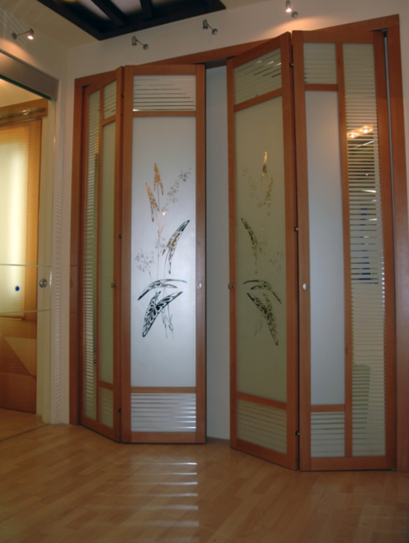 Широкие двери гармошка с матовым стеклом и рисунком Якутск
